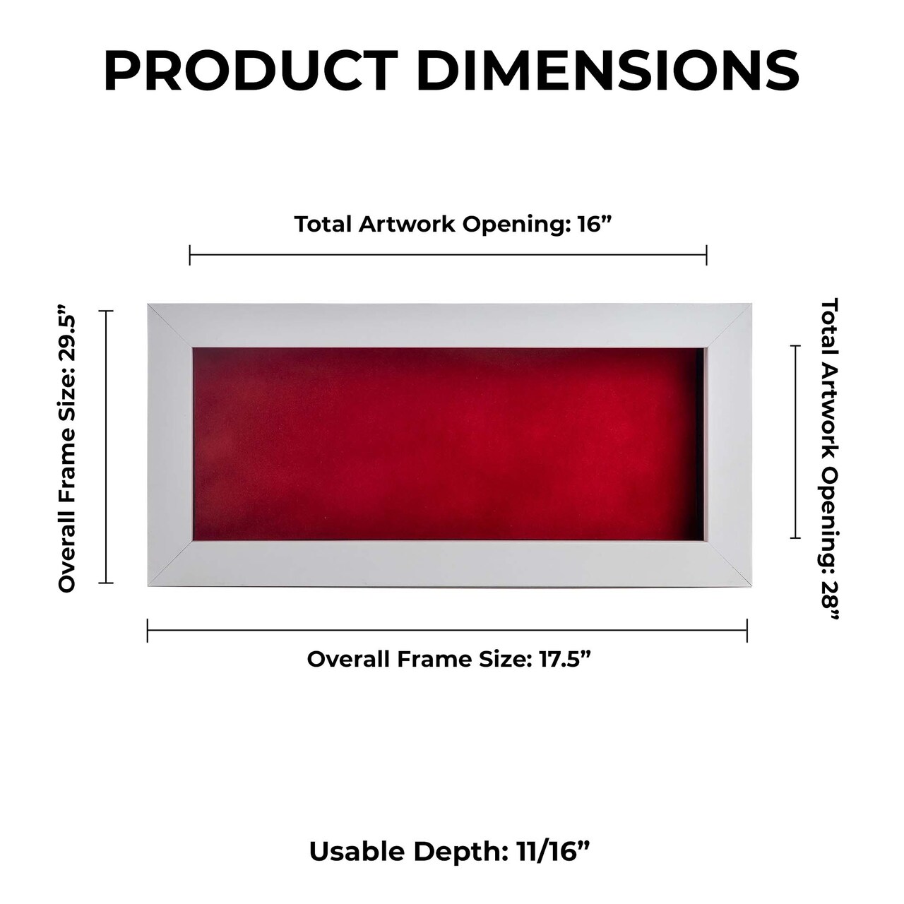 Classic White Wood Shadown Box Frame with Acrylic Front - Red Suede Backing, 30 Sizes